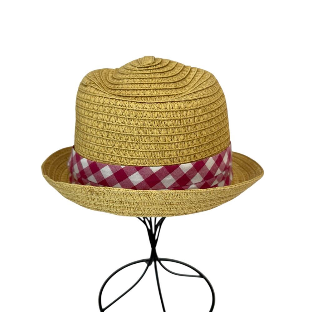 OAKLEY Hat Womens Straw Fedora Pink Gingham Plaid Band Spring Summer Vacation - Picture 2 of 7